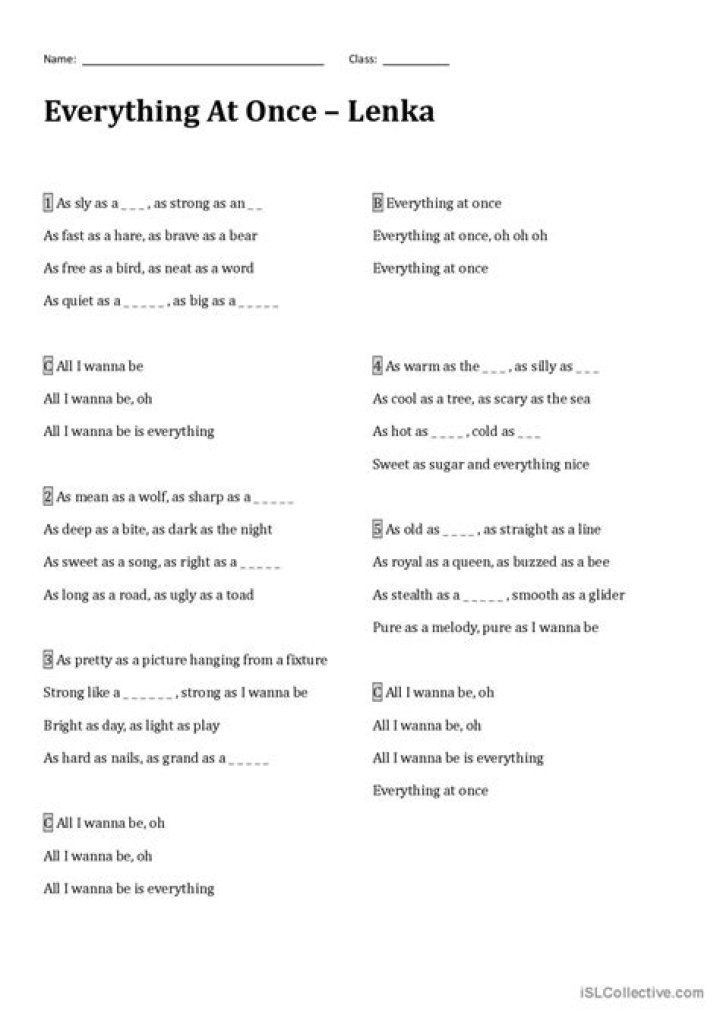 Lenka - Everything At Once - songs with similes metaphors personification and hyperboles
